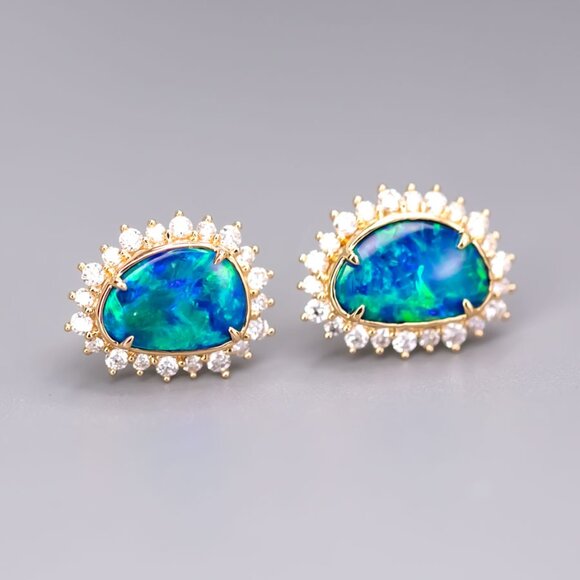 Ocean Blue Doublet Opal Diamond Hola Stud Earrings 18k Yellow Gold